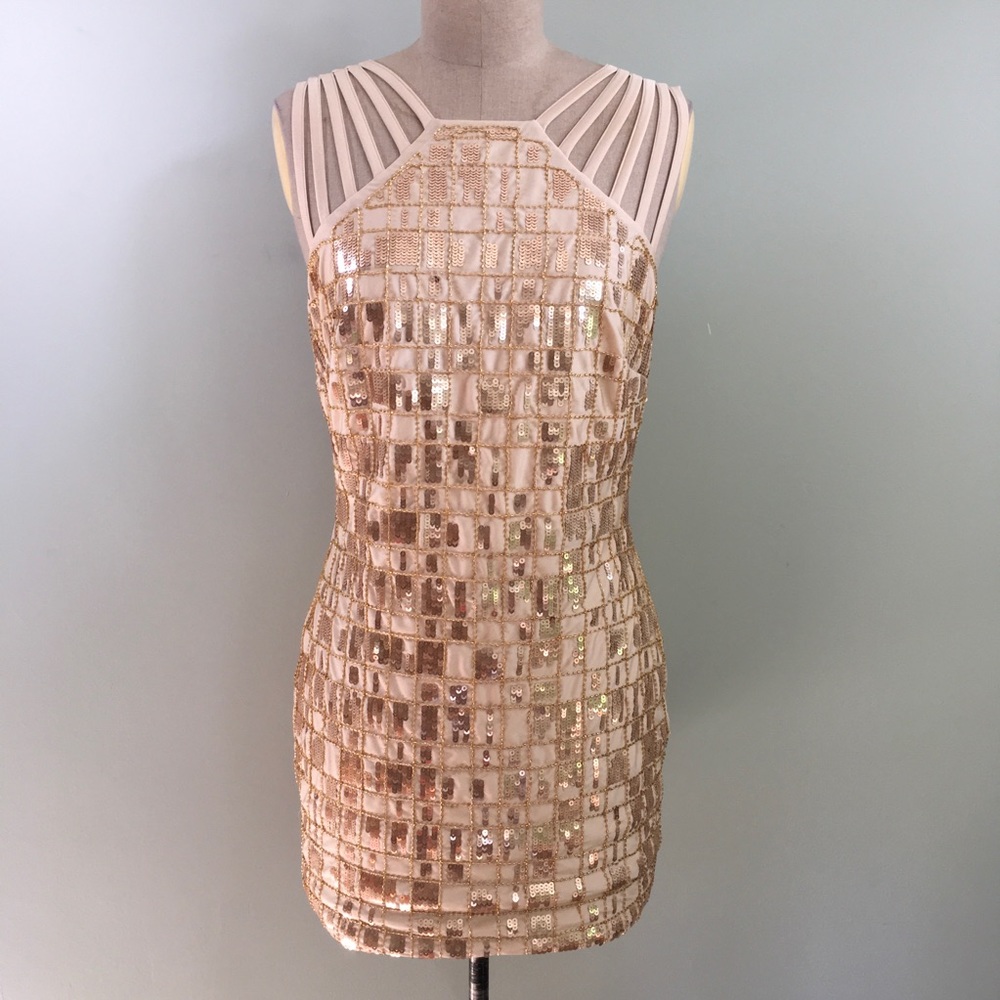 bebe // Strappy Geometric Sequin Dress // Size S
